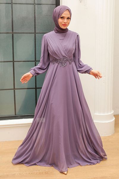 Neva Style Rochie de seară hijab liliac cu detaliu din dantelă 3435 lila