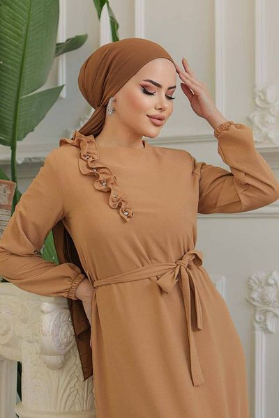 Neva Style - Rochie Hijab Biscuit cu centură 659bs