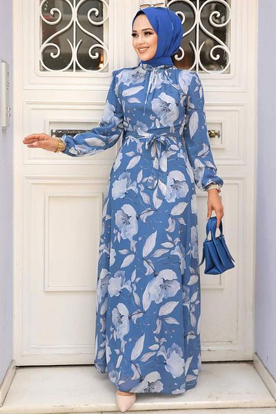 Neva Style Φόρεμα Hijab με μοτίβο λουλουδιών Indigo Blue 279016ım