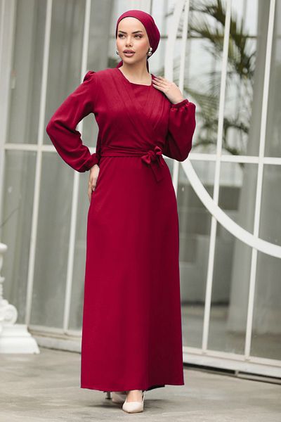 Neva Style Drape Detailed Burgundy Hijab Dress 30002Br
