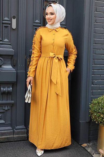 Neva Style - Mustard Hijab Dress with Ruffle Detail on Sleeves 3434hr