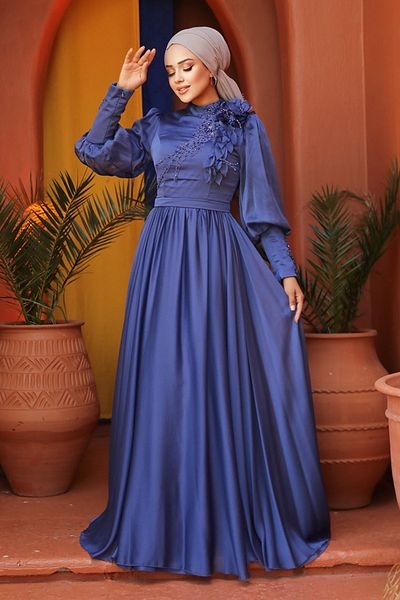 Neva Style Floral Detailed Sax Blue Hijab Evening Dress 21960Sx