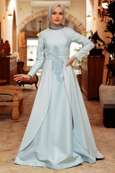 Neva Style Rochie de seara hijab - Rochie de seara hijab albastru bebelus cu detaliu din dantela 284bm