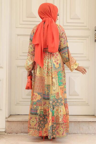 Neva Style Mustard Patterned Hijab Dress - 23155HR