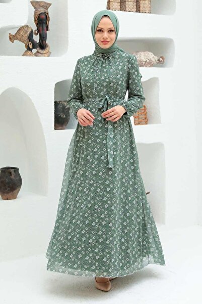 Neva Style Φόρεμα με λουλουδάτο σχέδιο Çağla Green Hijab 279045CY