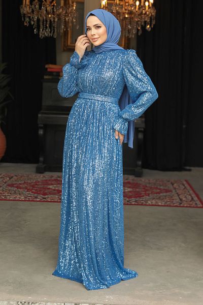 Neva Style Rochie de seară hijab albastru indigo cu paiete 44961ım