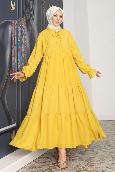 Neva Style Mustard Hijab Pleated Dress - 14232Hr