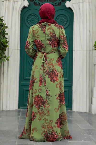 Neva Style Rochie hijab kaki cu modele florale 27921hk
