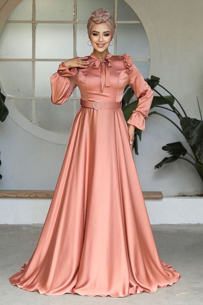 Neva Style فستان سهرة حجاب سلمون داكن بتفاصيل الكتف والرقبة 27240ksmn