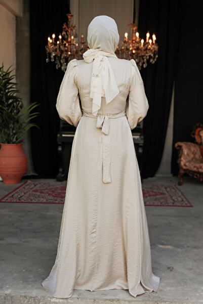 Neva Style Beaded Detailed Mink Hijab Evening Dress 23301V