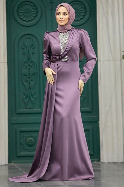Neva Style Dusty Rose Satin Hijab Evening Dress with Tail 22891Gk