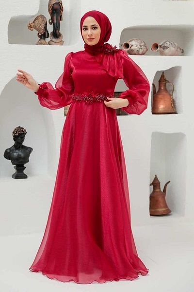 Neva Style Rochie de seara musulmana burgundy cu detaliu flori 22310br