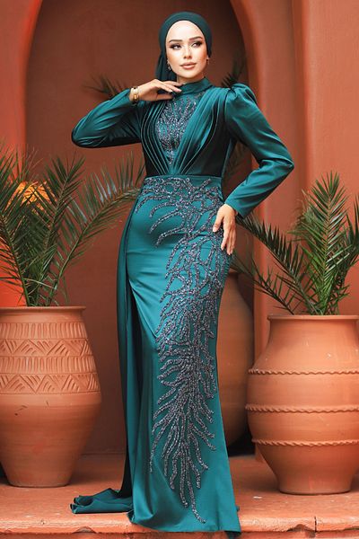 Neva Style Beaded Green Hijab Evening Dress 23122Y