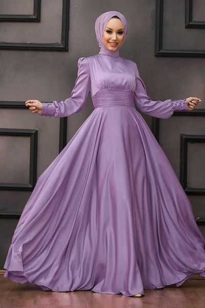 Neva Style Rochie de seara hijab - Rochie de seara hijab liliac inchis cu detaliu drapat cu 2511