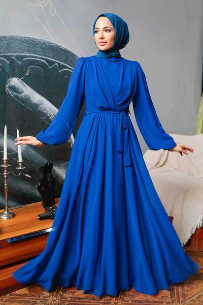 Neva Style Balon Kol Sax Mavisi Tesettür Elbise 5796sx