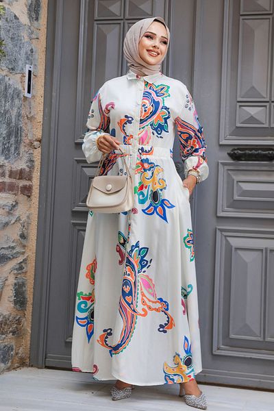 Neva Style Rochie Hijab cu model ecru - 23441E