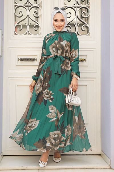 Neva Style Emerald Green Patterned Hijab Dress - 34466ZY