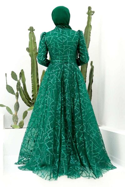 Neva Style Glitter Patterned Green Hijab Evening Dress 22282Y