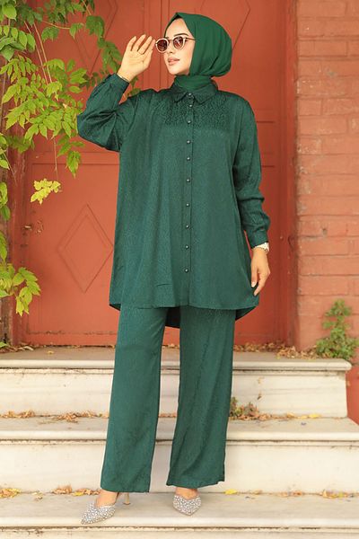 Neva Style طقم حجاب مزدوج من الجلد باللون الأخضر الزمردي - 12501ZY