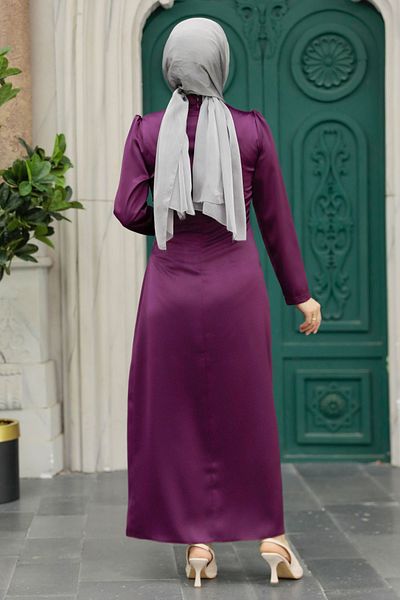 Neva Style Rochie de seara cu hijab - Rochie de seara din satin muscat cu detaliu drapat 5940mu