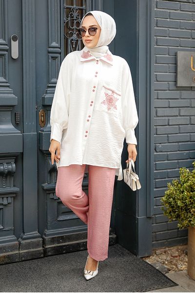 Neva Style طقم حجاب مزدوج مزين بأزرار من Dusty Rose 54121GK