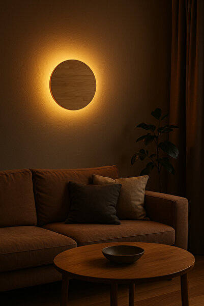 GLOWELL 30cm Çap Yuvarlak Daire El Yapımı Aplik, Pilli Açma Kapama Düğmeli Çam Ağacı Ahşap Rustik Led