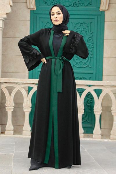 Neva Style عباية حجاب خضراء بحزام 55440y