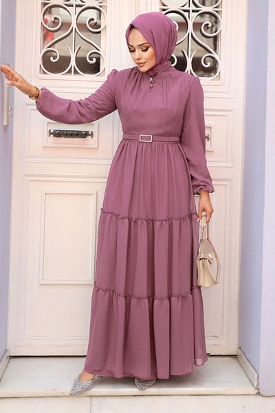 Neva Style Folded Pleated Dusty Rose Hijab Dress 57250Gk