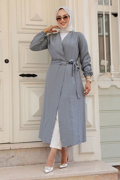 Neva Style Belted Gray Hijab Kimono 457Gr