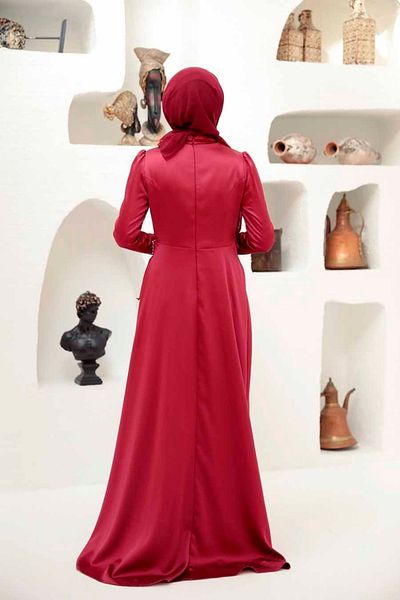 Neva Style Rochie de seară hijab burgundy cu volan 22431br