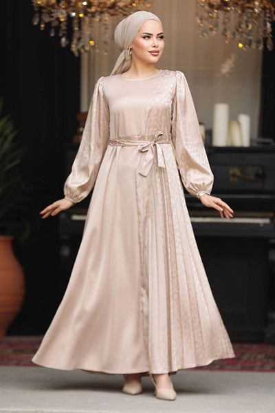 Neva Style Rochie Hijab Bej cu centură 30381BEIG