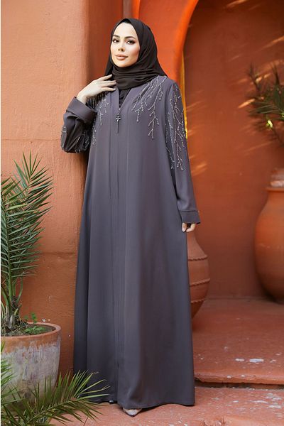 Neva Style Καφέ Hijab Abaya - Κεντημένο με χάντρες, Μοντέλο 29110KH