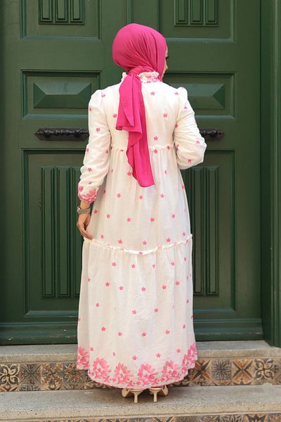 Neva Style Floral Patterned Pink Hijab Dress 1381P