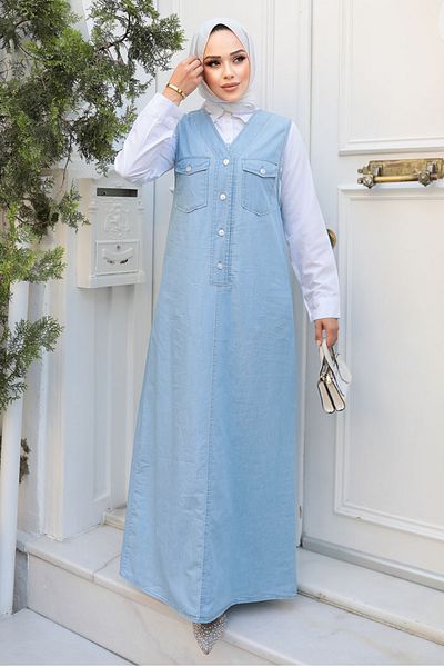Neva Style Rochie Salopet din Denim Albastru Hijab - 19018M