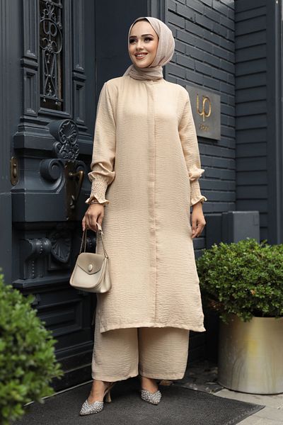 Neva Style طقم حجاب بيج مكون من قطعتين - زر، موديل 12591BEIGE