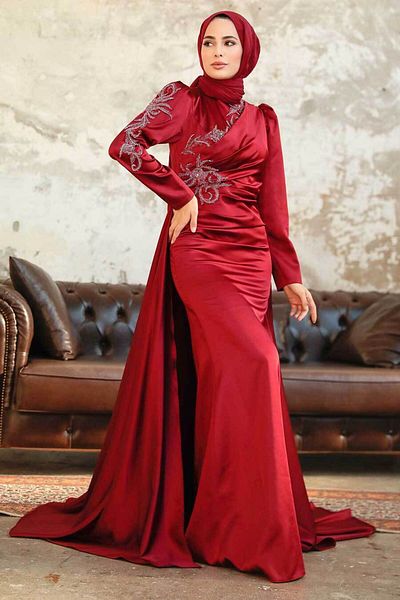 Neva Style Burgundy Satin Hijab Evening Dress with Tail 22881Br