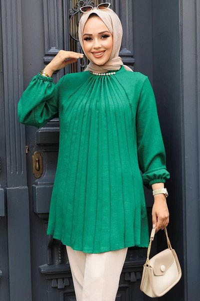 Neva Style تونيك حجاب أخضر مطوي - 41391Y