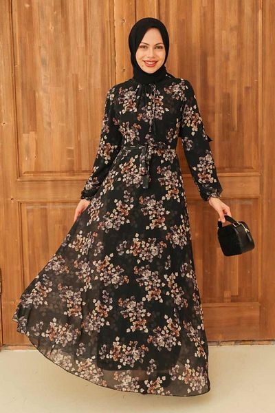 Neva Style Floral Patterned Mink Hijab Dress 279061 V