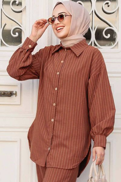 Neva Style Striped Tan Hijab Tunic 11931TB