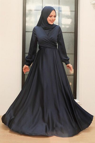 Neva Style Βραδινό φόρεμα Navy Blue Hijab Satin 33871l