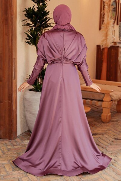Neva Style Dark Rose Dusty Satin Hijab Evening Dress 22470Kgk