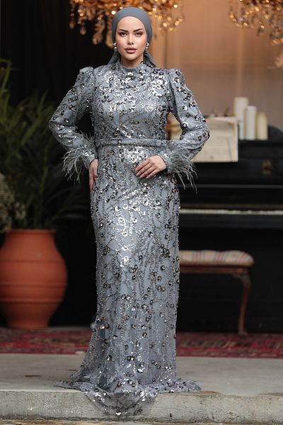 Neva Style Beaded Gray Hijab Evening Dress 23421Gr