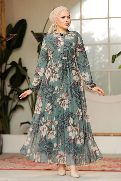 Neva Style Floral Patterned Green Hijab Dress 50355CY
