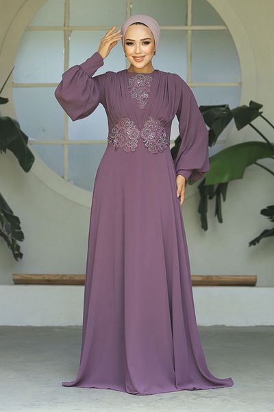 Neva Style Lace Dried Rose Hijab Evening Dress 9118Gk