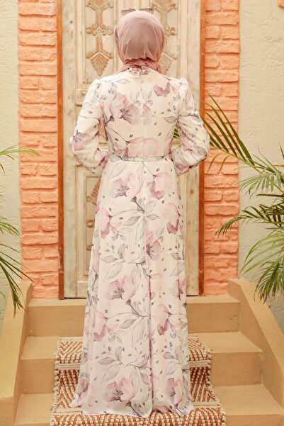 Neva Style Floral Patterned Ecru Hijab Dress 279017E