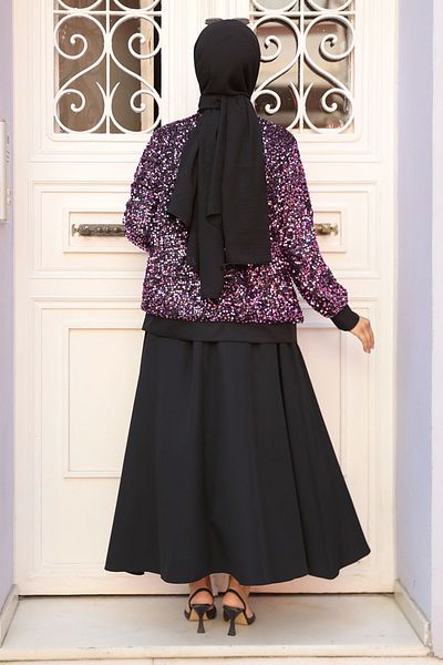Neva Style طقم مزدوج مزين بالترتر مع تنورة حجاب وردية - 40223P