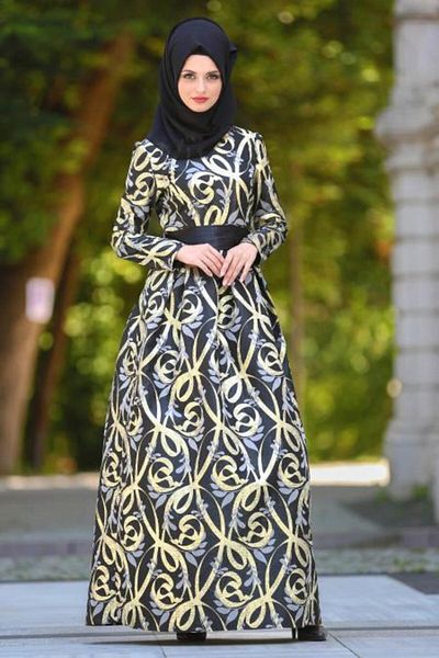 Neva Style Patterned Pleated Black Hijab Evening Dress 2441S