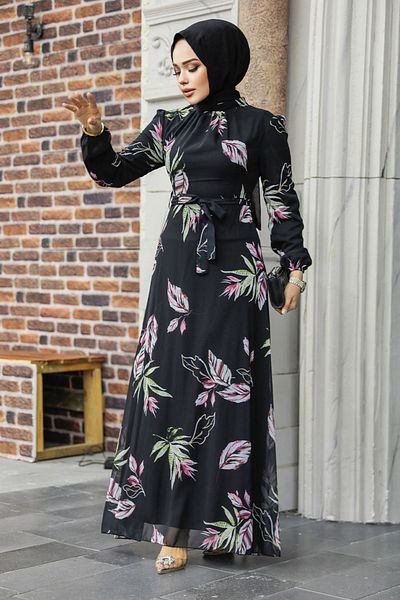 Neva Style - Rochie Hijab Neagră cu Motiv Floral 27949s