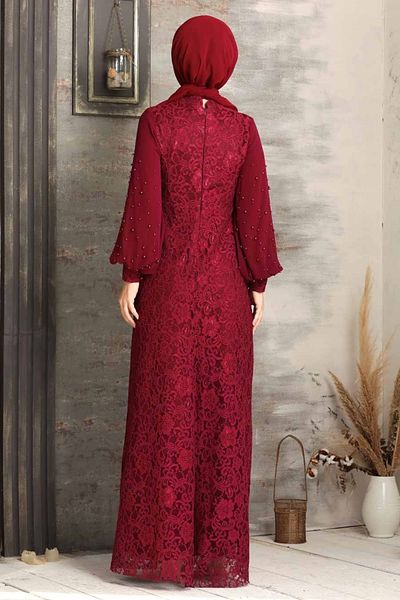 Neva Style Rochie de seara cu hijab - Rochie de seara musulmana din dantela burgundy 5006br