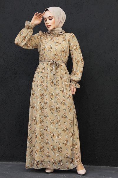 Neva Style Rochie Hijab Biscuit cu Motiv Floral 29713bs